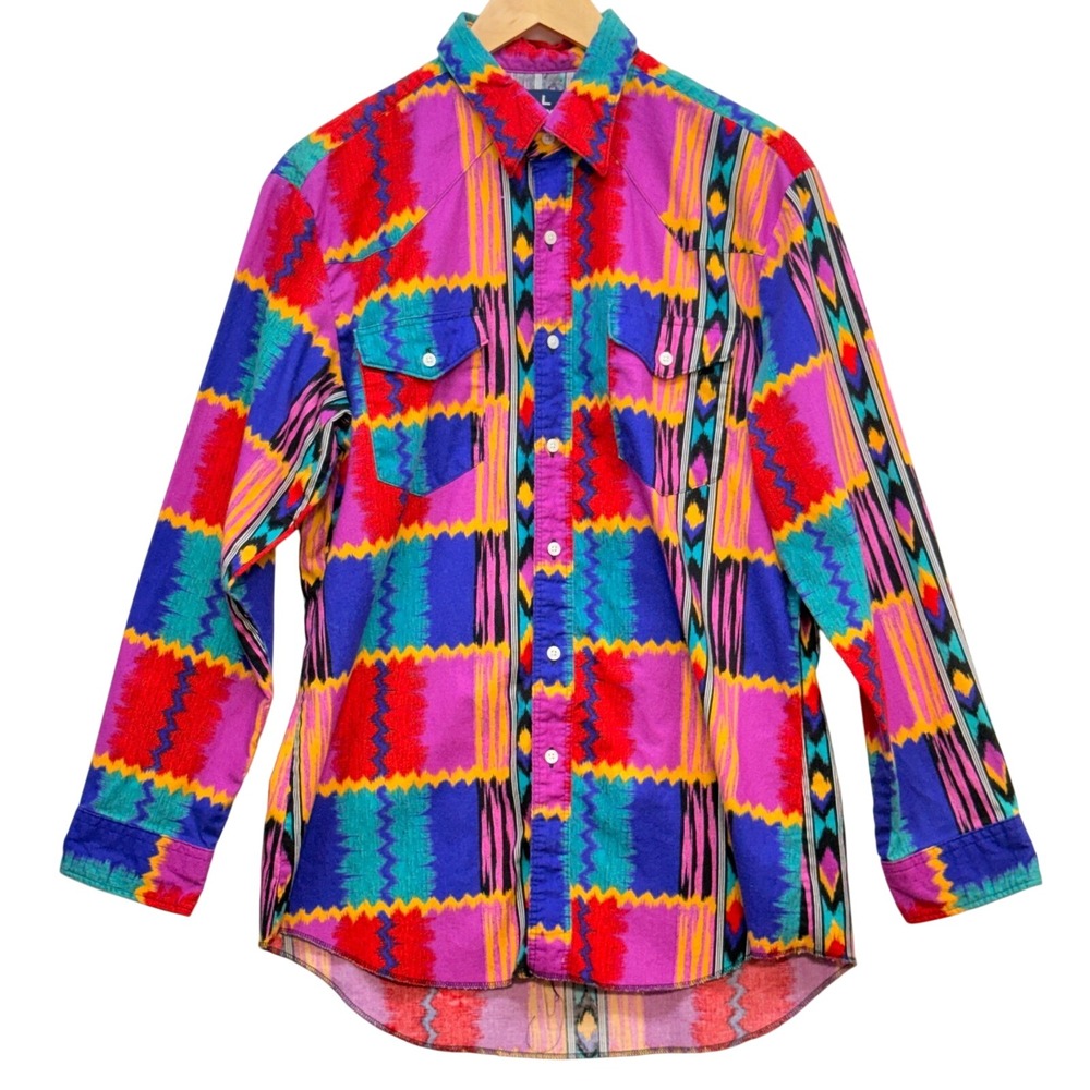 Vintage Wrangler Western Shirt Mens Large Multi Color Geometric Ikat Made in USA